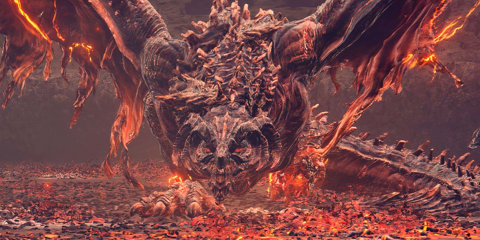 Um Bayle carrancudo, um dragão vermelho e preto, em uma captura de tela do DLC de Elden Ring.