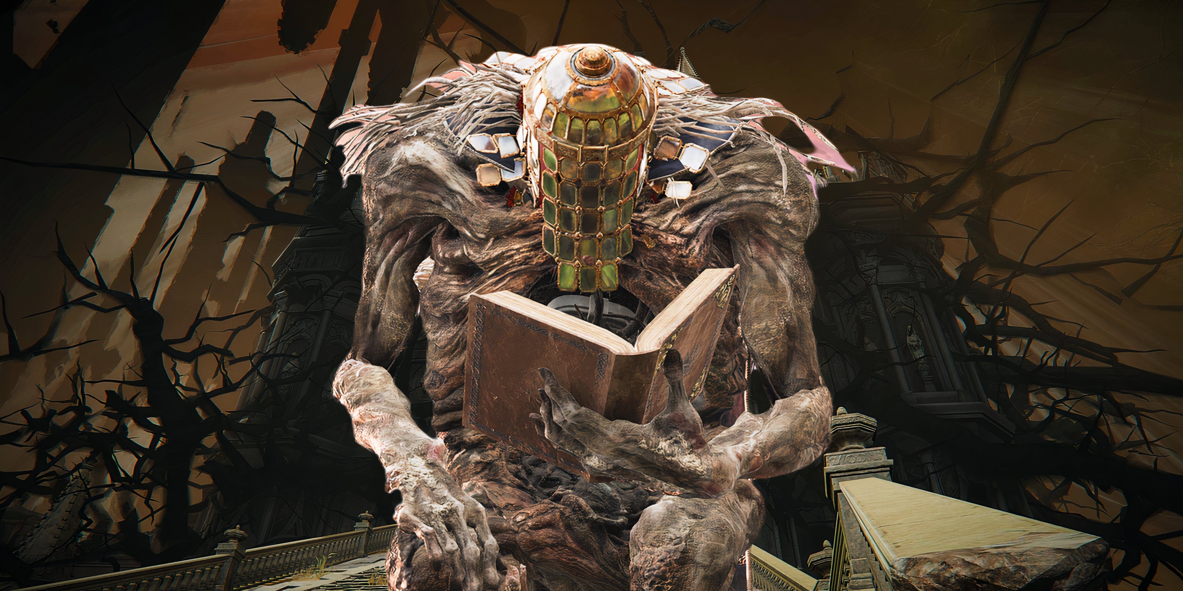 A Gold Masked Giant Reading A Book In Front Of The Shadow Sealed Belurat Tower In Screenshots From Elden Ring And Its Dlc 