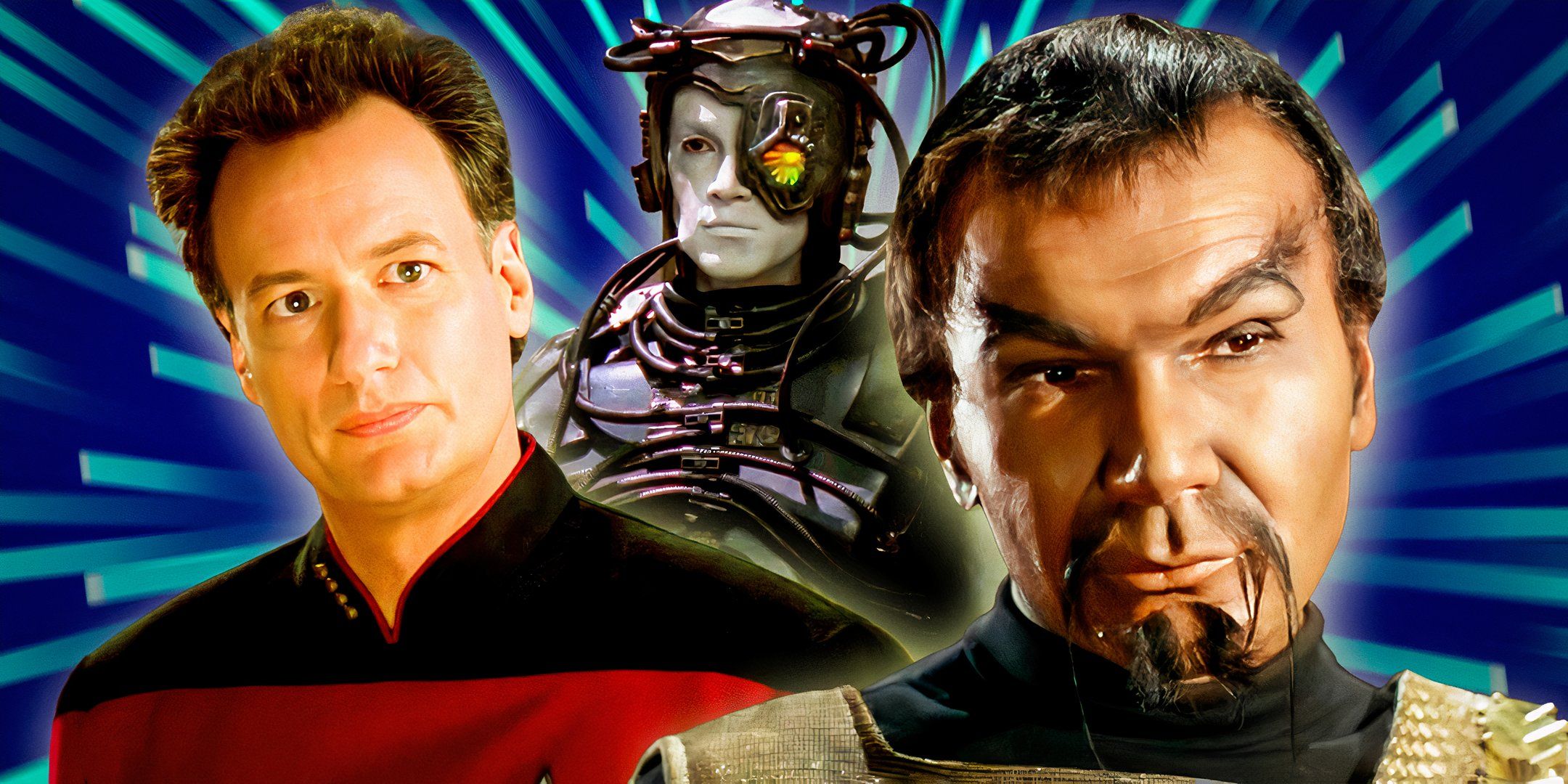 Q, a Borg, and Kor the Klingon from Star Trek