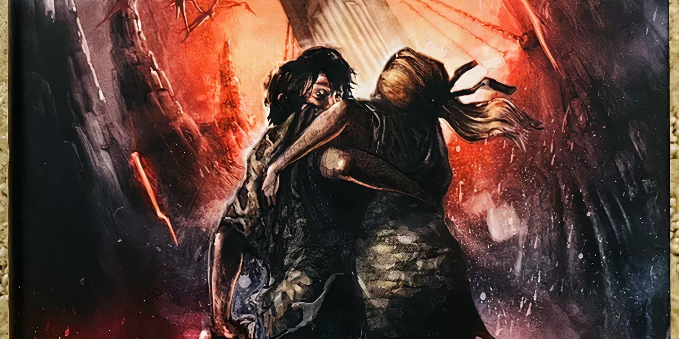 A man struggling to carry a woman on the cover of The House Of Hades from The Heroes of Olympus.