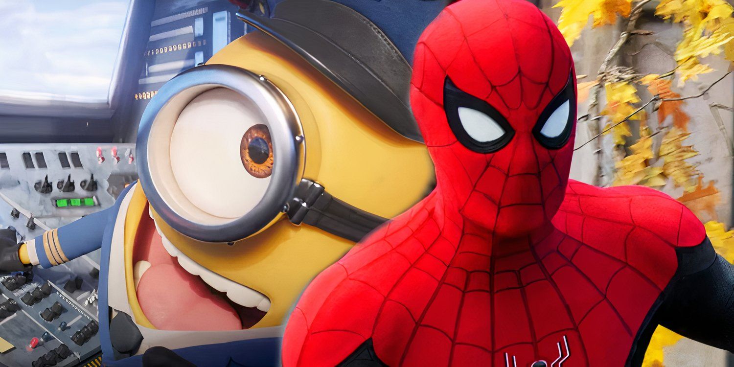 Minion laughing in Despicable Me next to Spider-Man standing outside in Spider-Man No Way Home