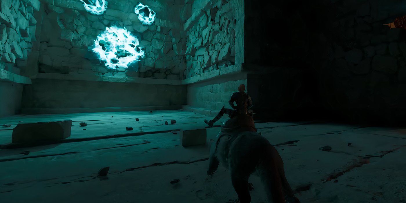 A player rides a Thyla through a new chamber in The Puzzle Cave in Ark Survival Ascended.