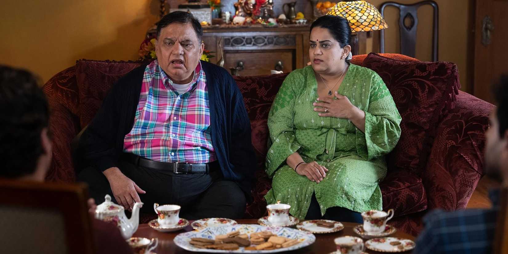 Harish Patel and Zarna Garg in A Nice Indian Boy (2024)