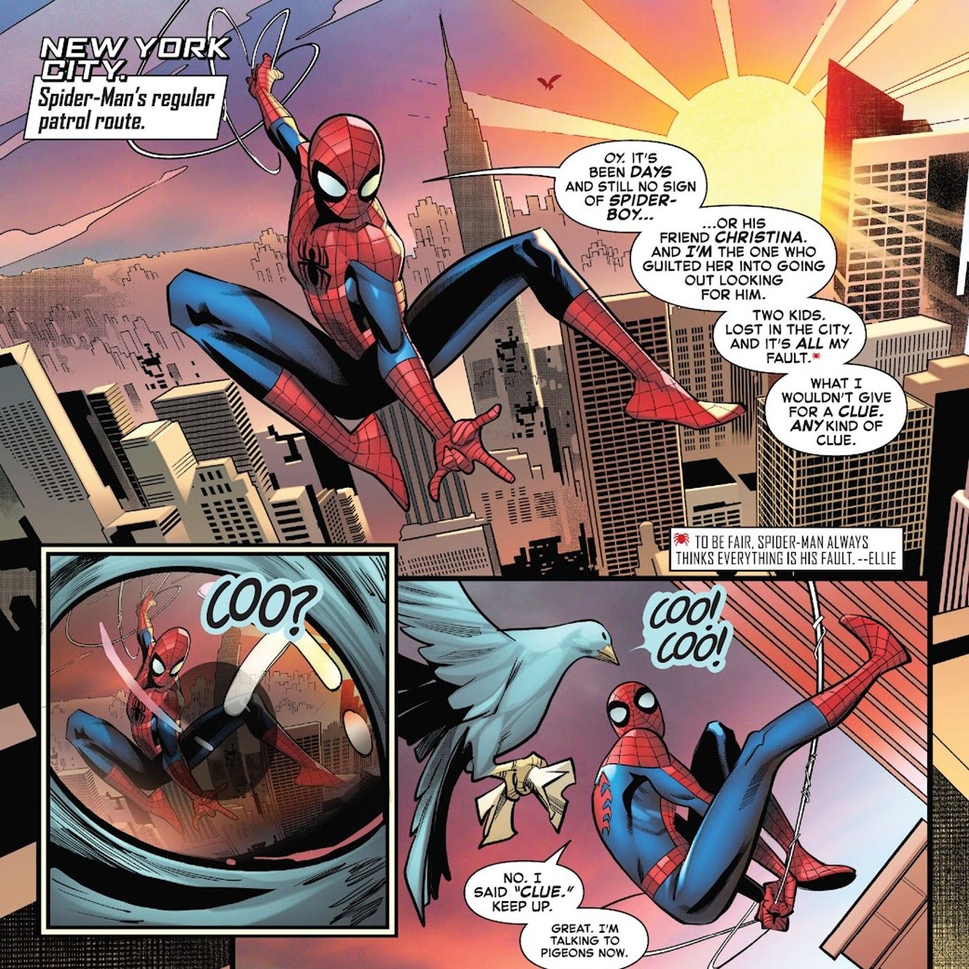 Um pombo ajuda o Homem-Aranha a procurar uma pista em Spider-Boy #7.