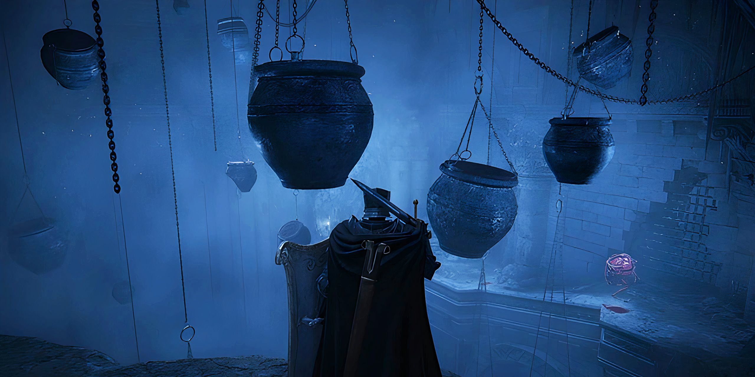 Um personagem jogador observa grupos de jarros pendurados no teto em Bonny Gaol em uma captura de tela do DLC de Elden Ring.