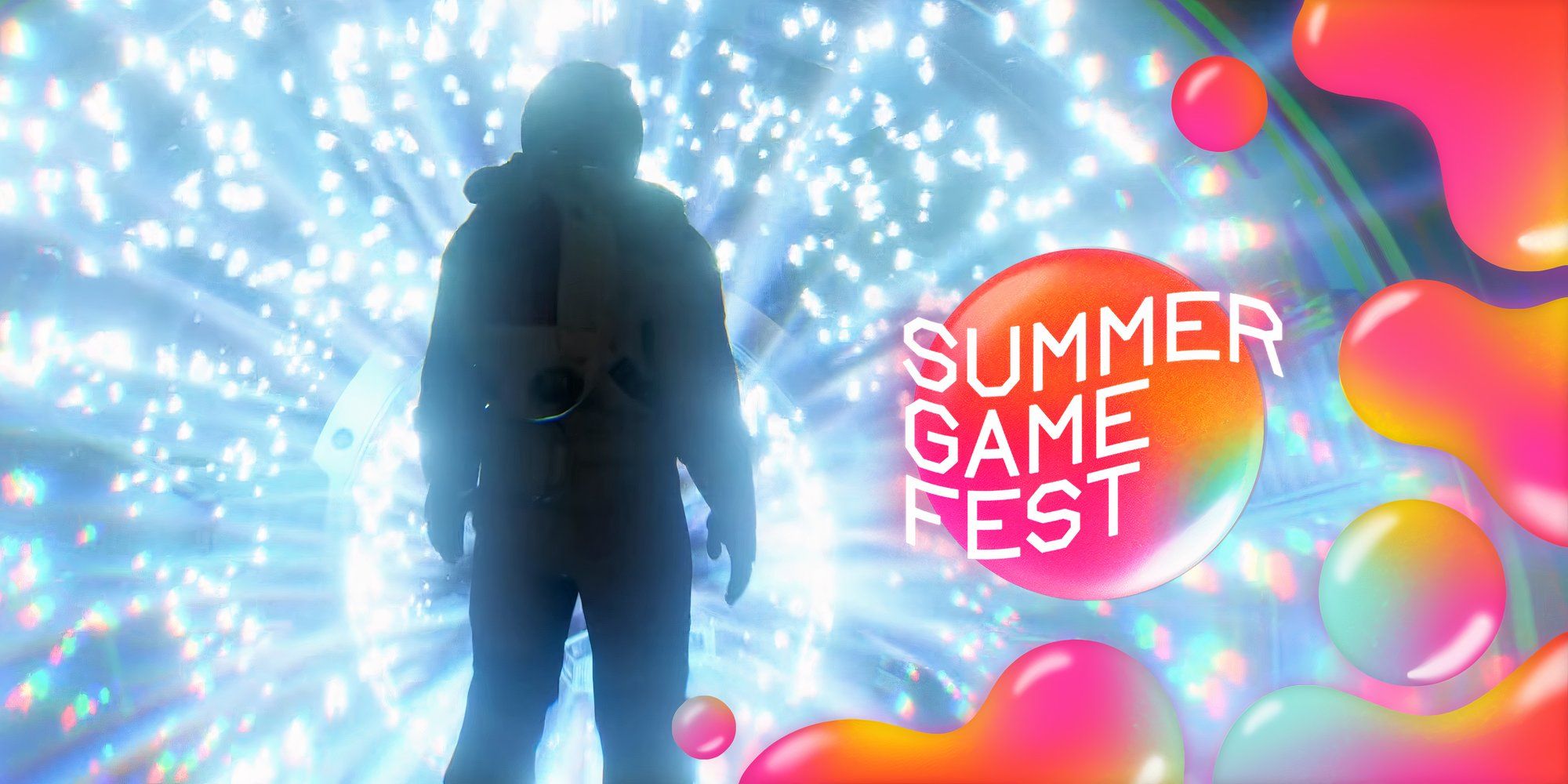 A player character stands in front of a blue-glowing starburst in a screenshot from Starfield Shattered Space.