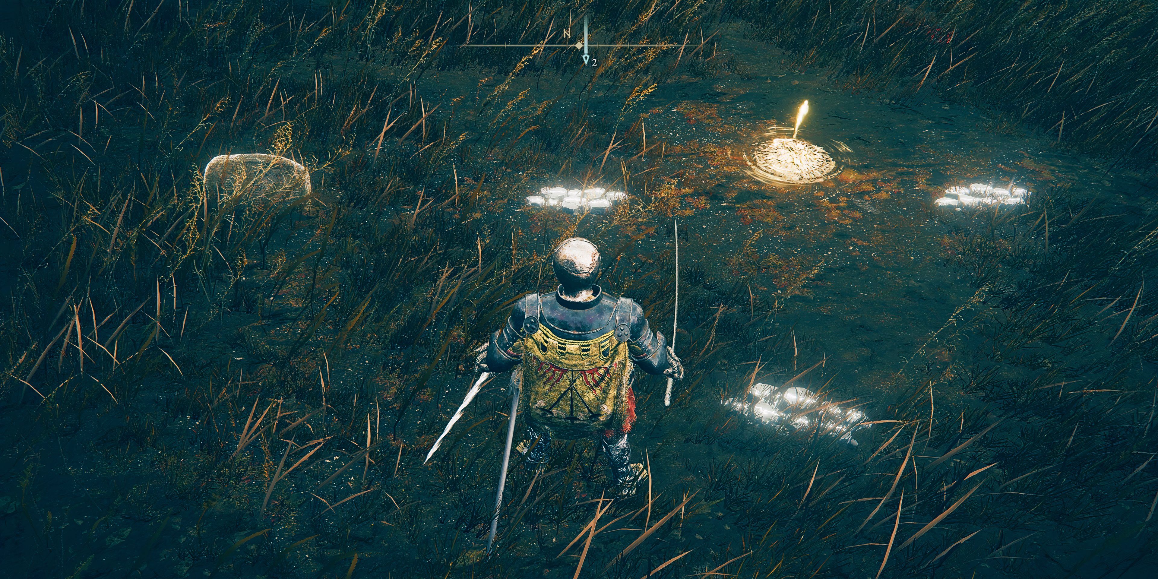Um personagem do jogador está em frente a um Site of Grace, o chão repleto de mensagens, em uma captura de tela do DLC de Elden Ring.