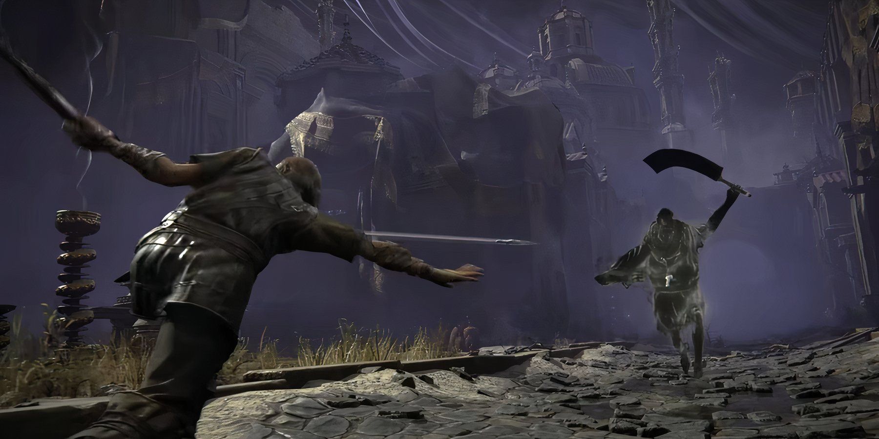 A player character throws a dagger at an enemy charging toward them with a curved sword in a screenshot from Elden Ring's Shadow of the Erdtree trailer.