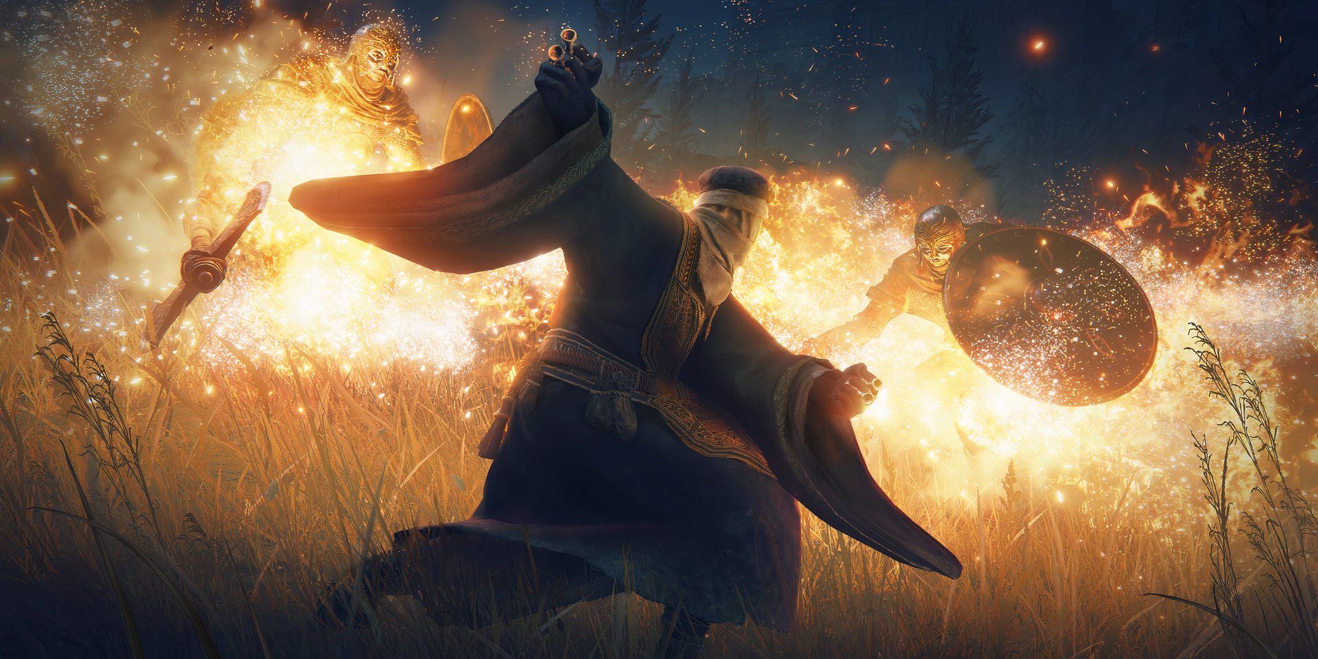 A player character wearing a robe uses a perfume bottle to spread fire throughout the battlefield, consuming shield-bearing enemies with flame in a screenshot from Elden Ring.