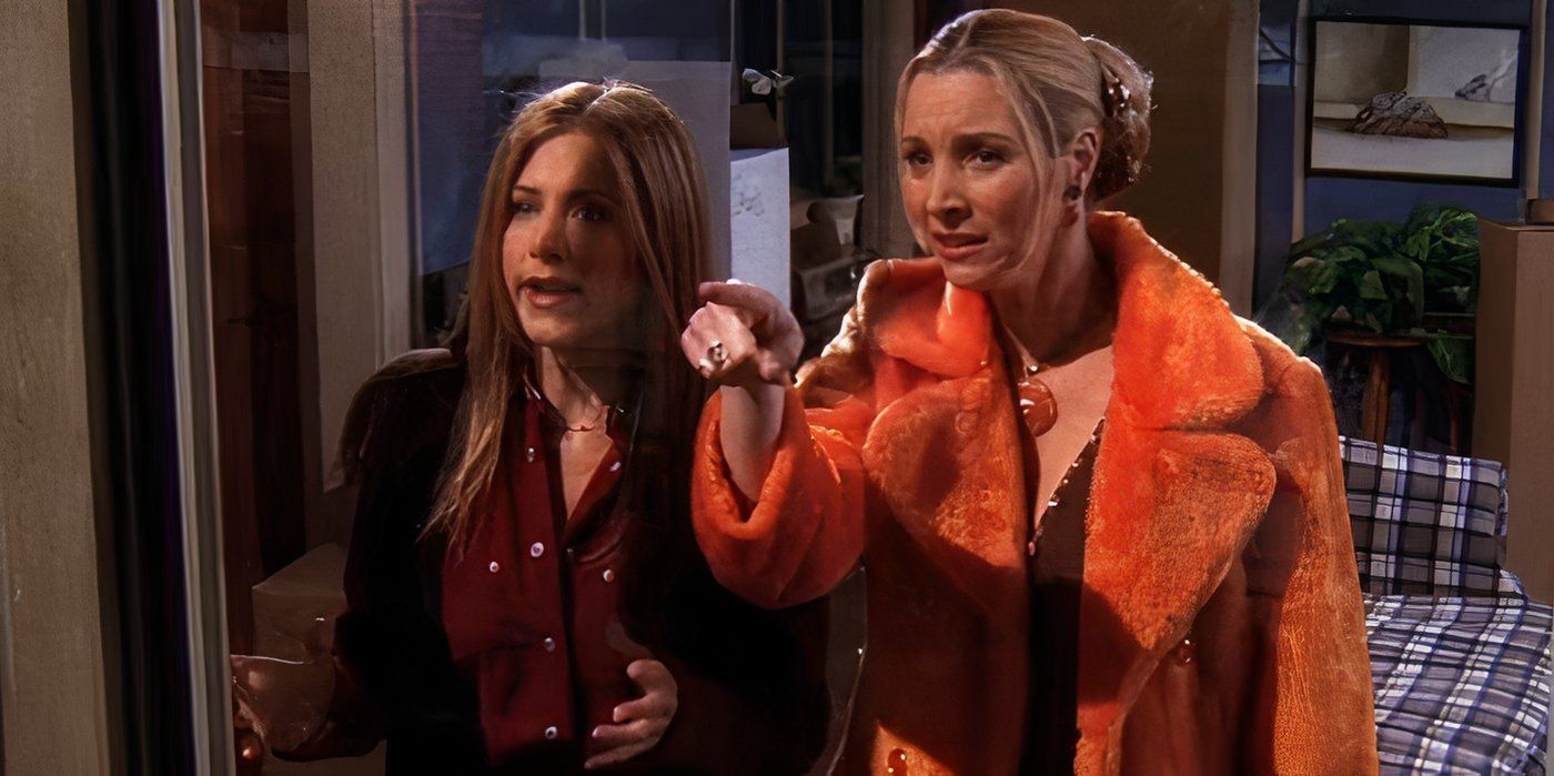 A shocked Phoebe and Rachel look out the window in Friends