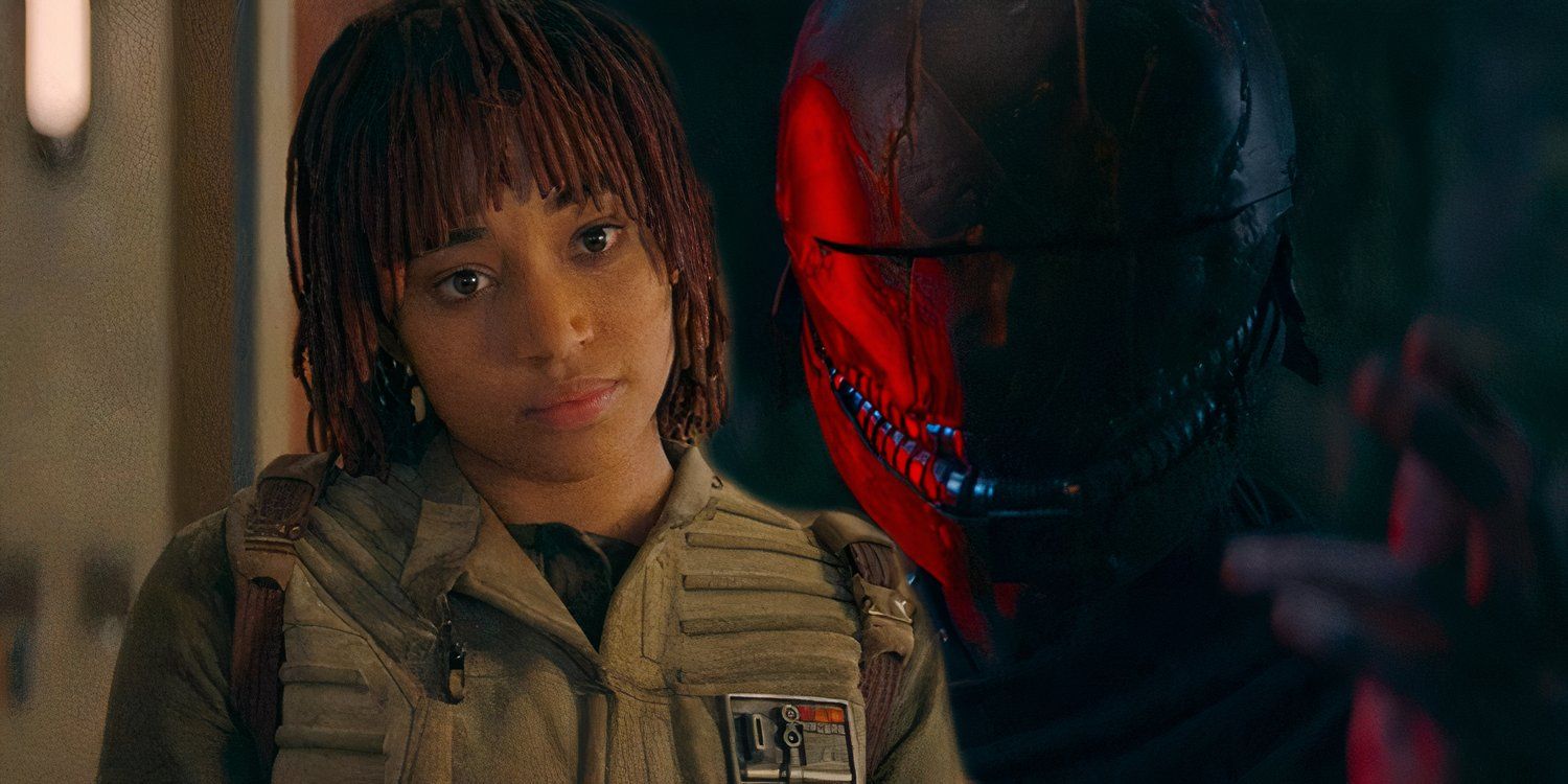 Amandla Stenberg como Osha olhando para frente ao lado de um Sith usando um capacete iluminado por um sabre de luz vermelho no episódio 4 da 1ª temporada de The Acolyte