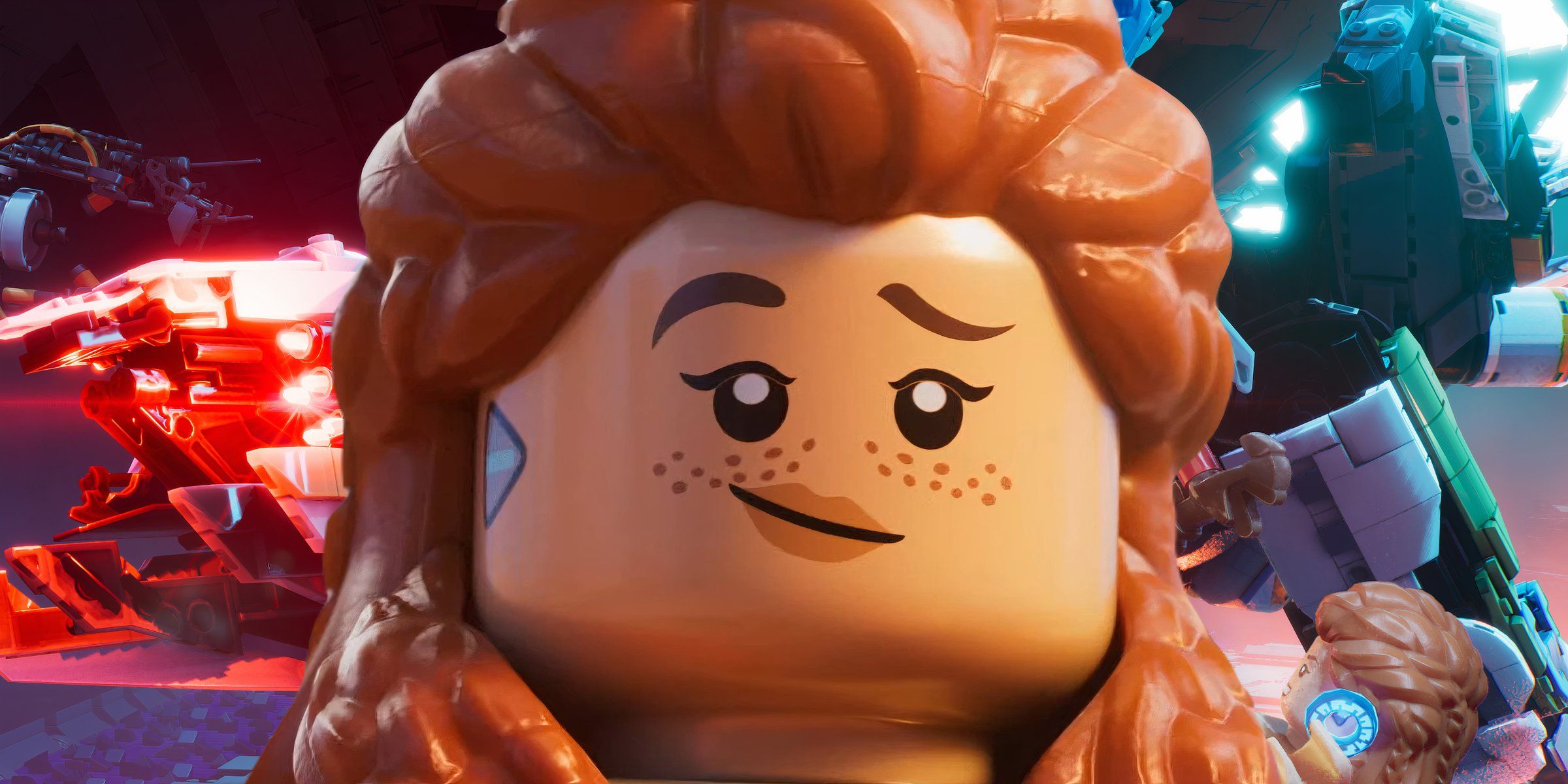 A smiling LEGO Aloy and a ferocious robot in this screenshot from LEGO Horizon Adventures.