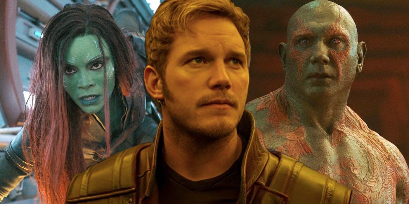 A split image of Star-Lord Gamora and Drax in the Guardians of the Galaxy MCU movies