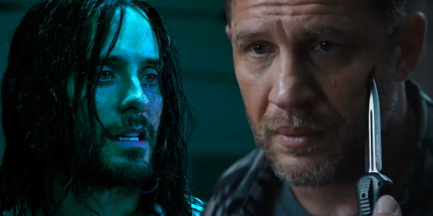 A split image of Tom Hardy in Venom The Last Dance and Jared Leto as Morbius