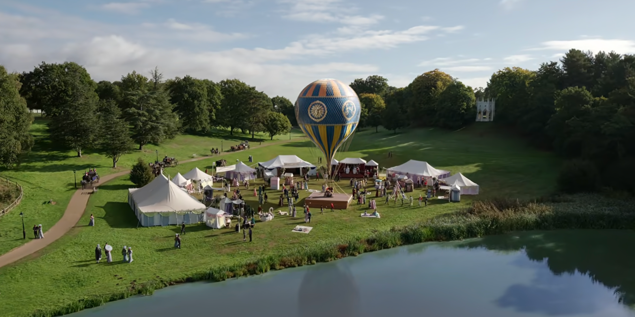 a wide shot of a moored hot air balloon in Bridgerton season 3