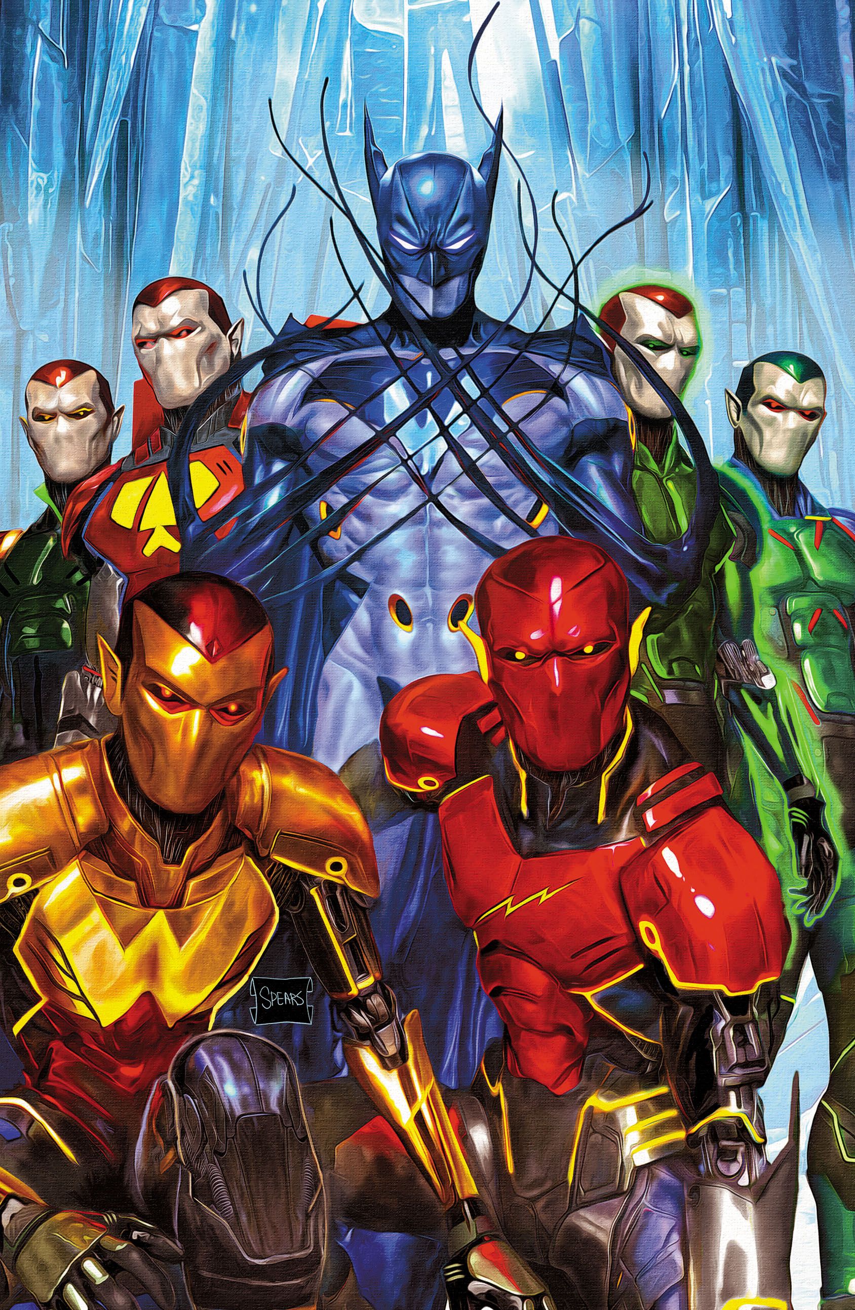 Variante de portada Absolute Power 3 Spears: Los robots Amazo se agrupan alrededor de Failsafe.