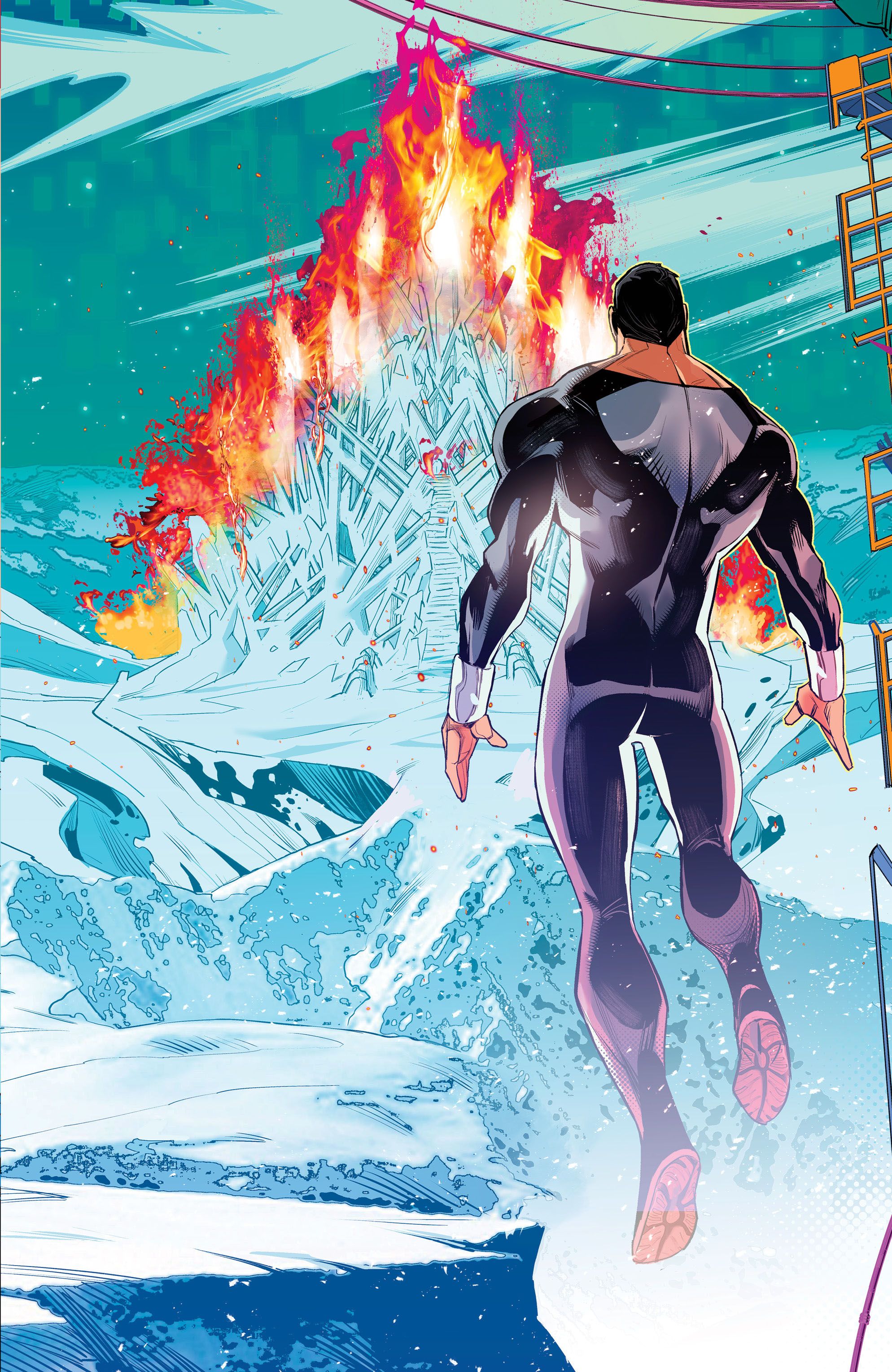 Capa da variante Timms de Absolute Power 3: Superman olha para a Fortaleza da Solidão em chamas.