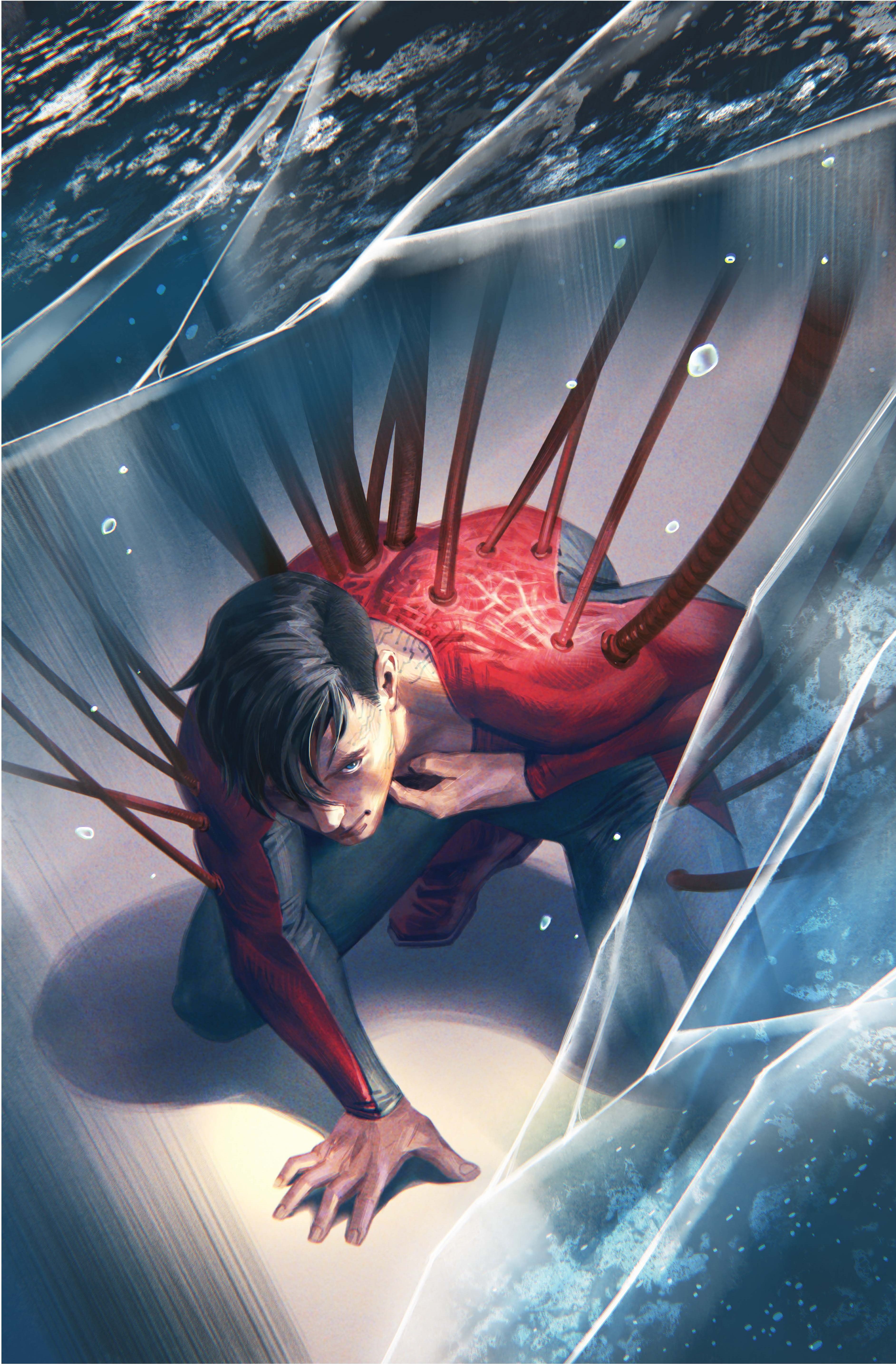 Absolute Power Super Son 1 Murakami Variant Cover: Jon Kent hooked up to wires, crouched in pain.