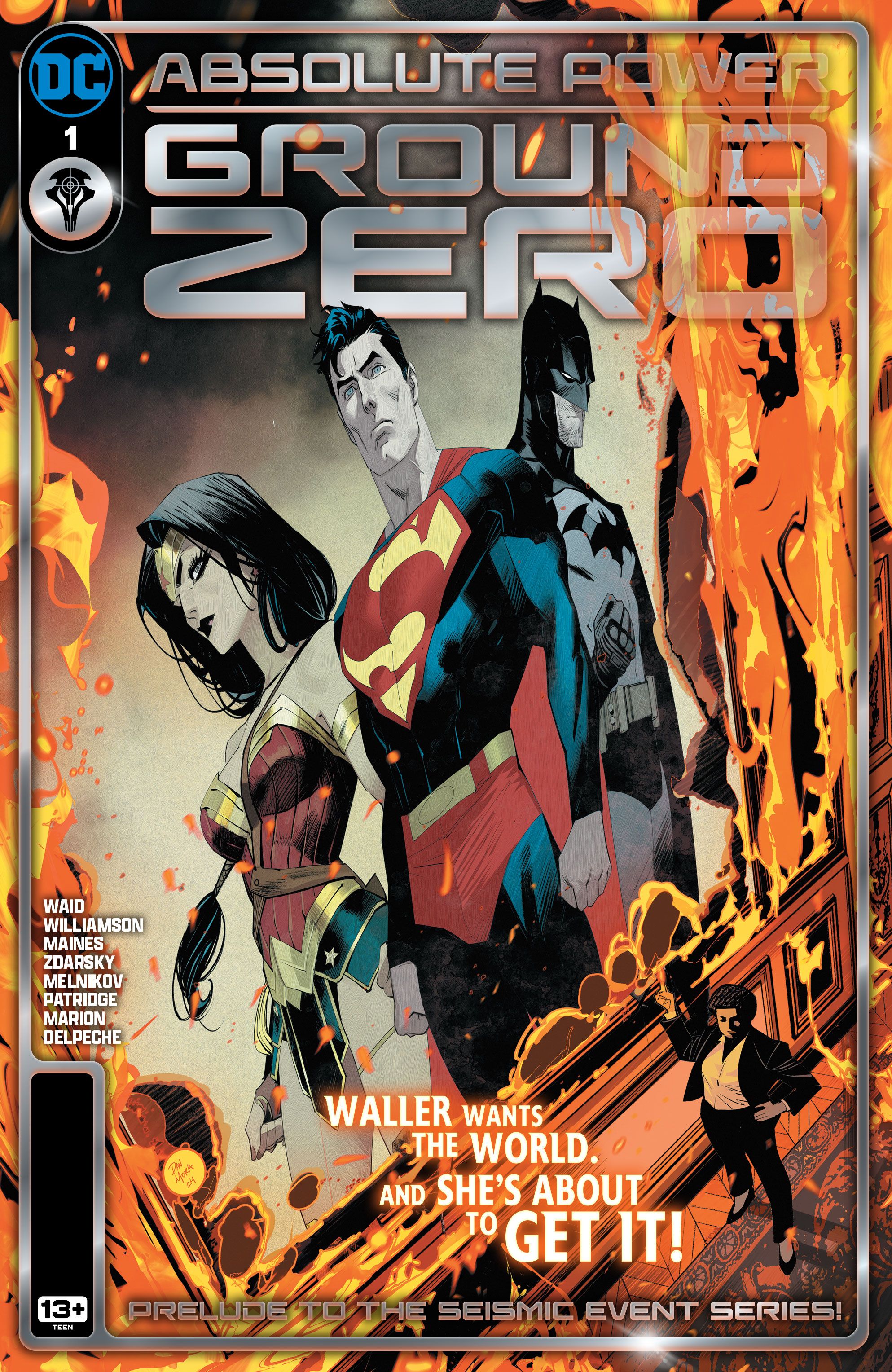 Capa principal do Absoluter Power Ground Zero 1: Amanda Waller em pé ao lado de um retrato em chamas do Batman, Superman e Mulher-Maravilha.