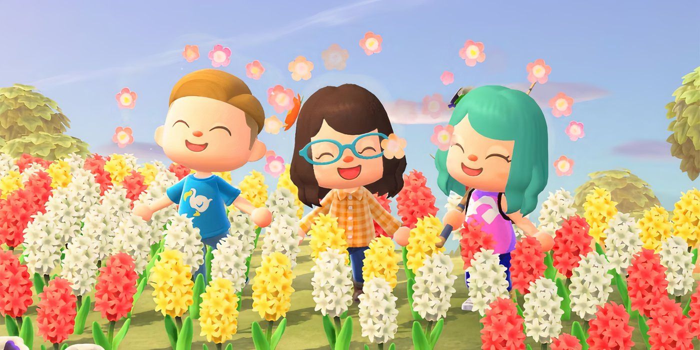 ACHN Happy Villagers em campo com flores.