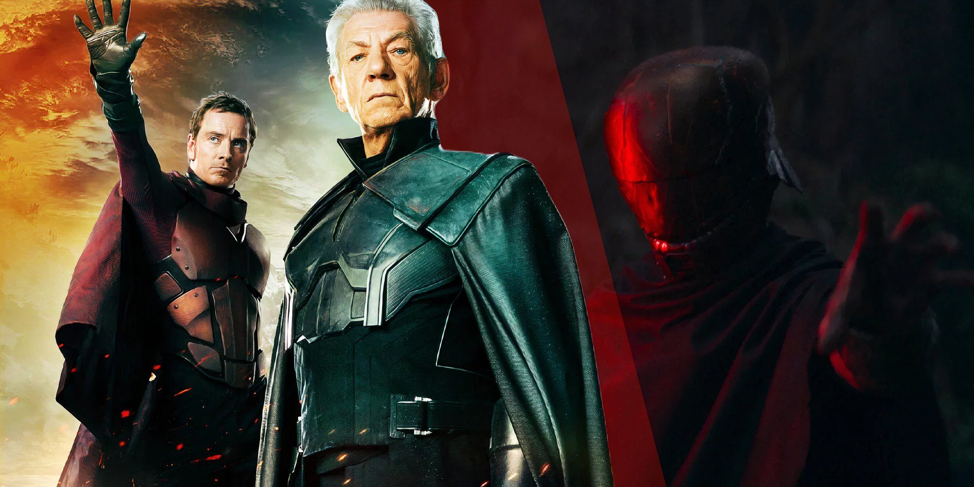 The Sith from The Acolyte (2024) raising his hand next to Ian McKellen and Michael Fassbender as Magneto from X-Men: Days of Future Past (2014)