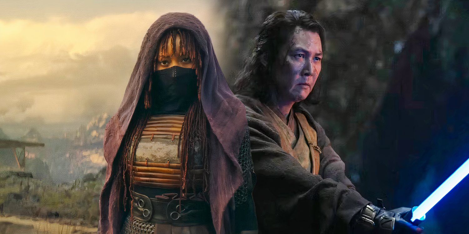 Mae (Amandla Stenberg) with her mask and hood on and Master Sol (Lee Jung-jae) with his lightsaber drawn in Star Wars: The Acolyte