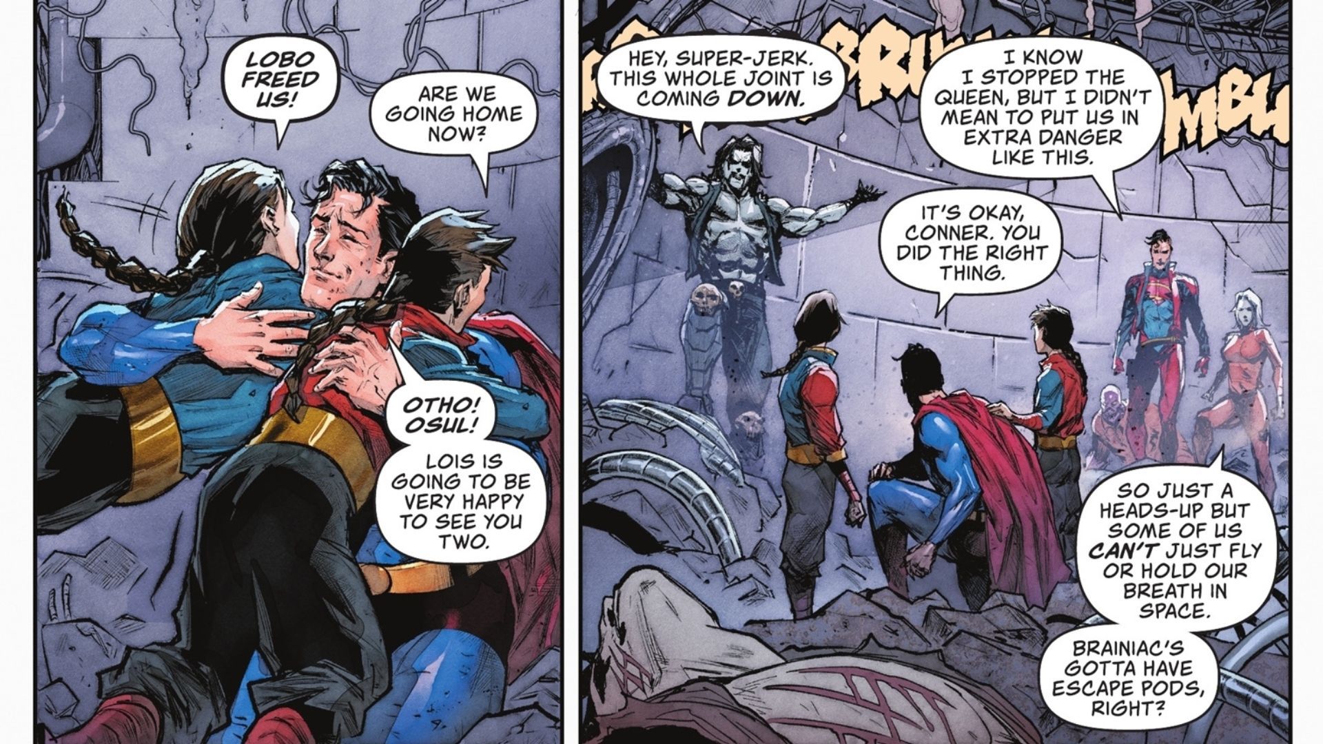 Painéis de histórias em quadrinhos: Superman abraça os Super-Gêmeos enquanto Livewire faz uma pergunta sobre o espaço.