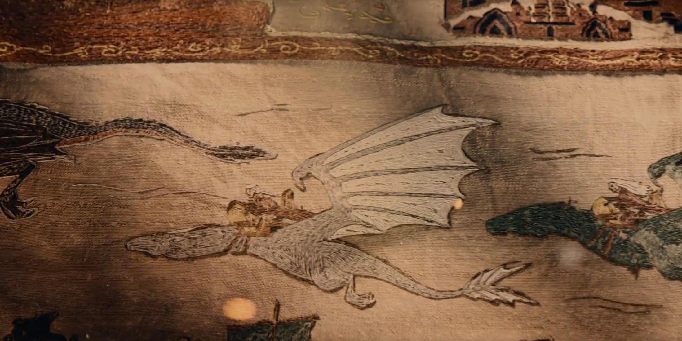 Aegon, o Conquistador, Visenya e Rhaenys Targaryen montando seus dragões na cena dos créditos de abertura de House of the Dragon