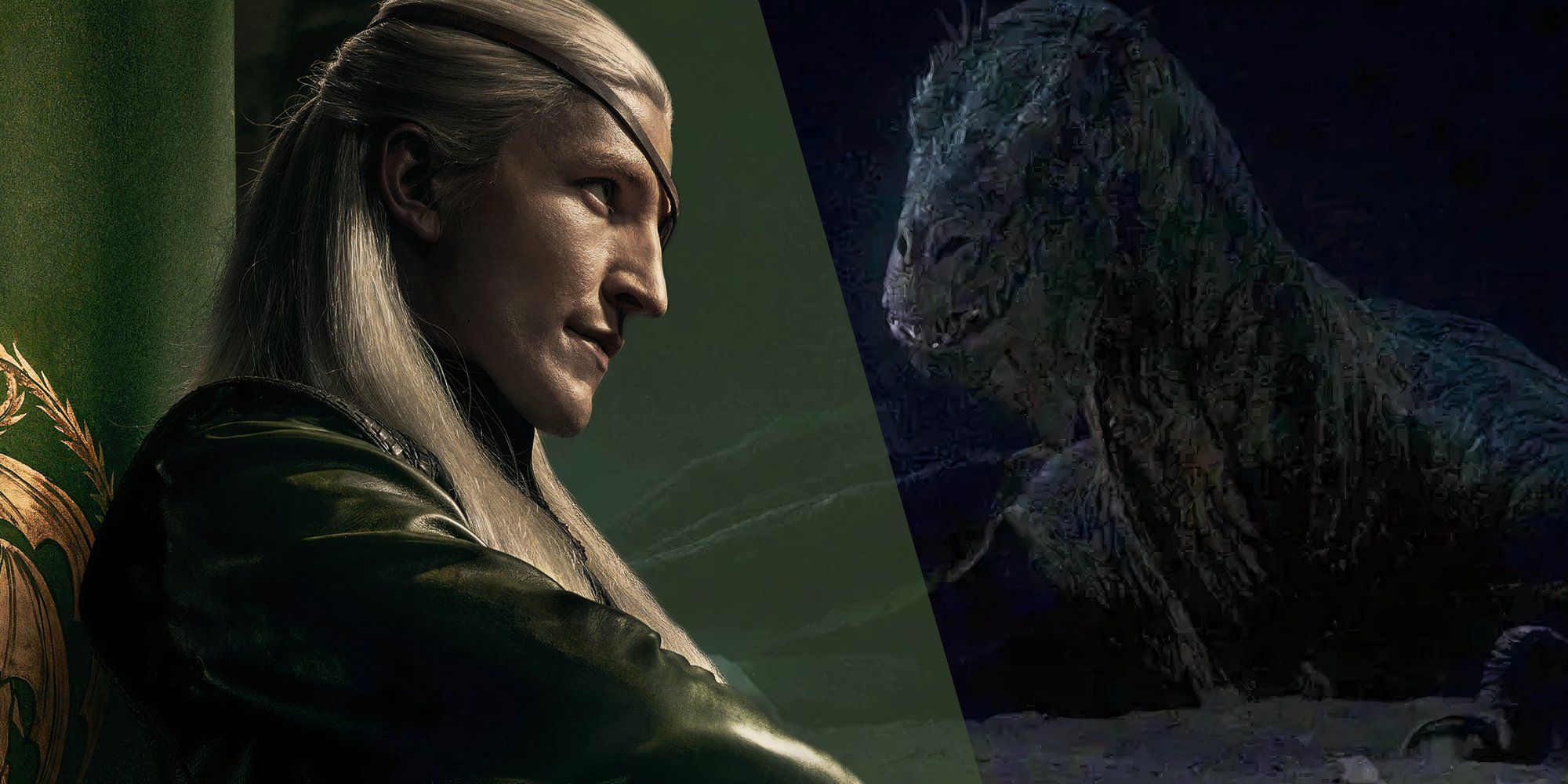 Aemond smirking in his poster for House of the Dragon season 2 next to Vhagar