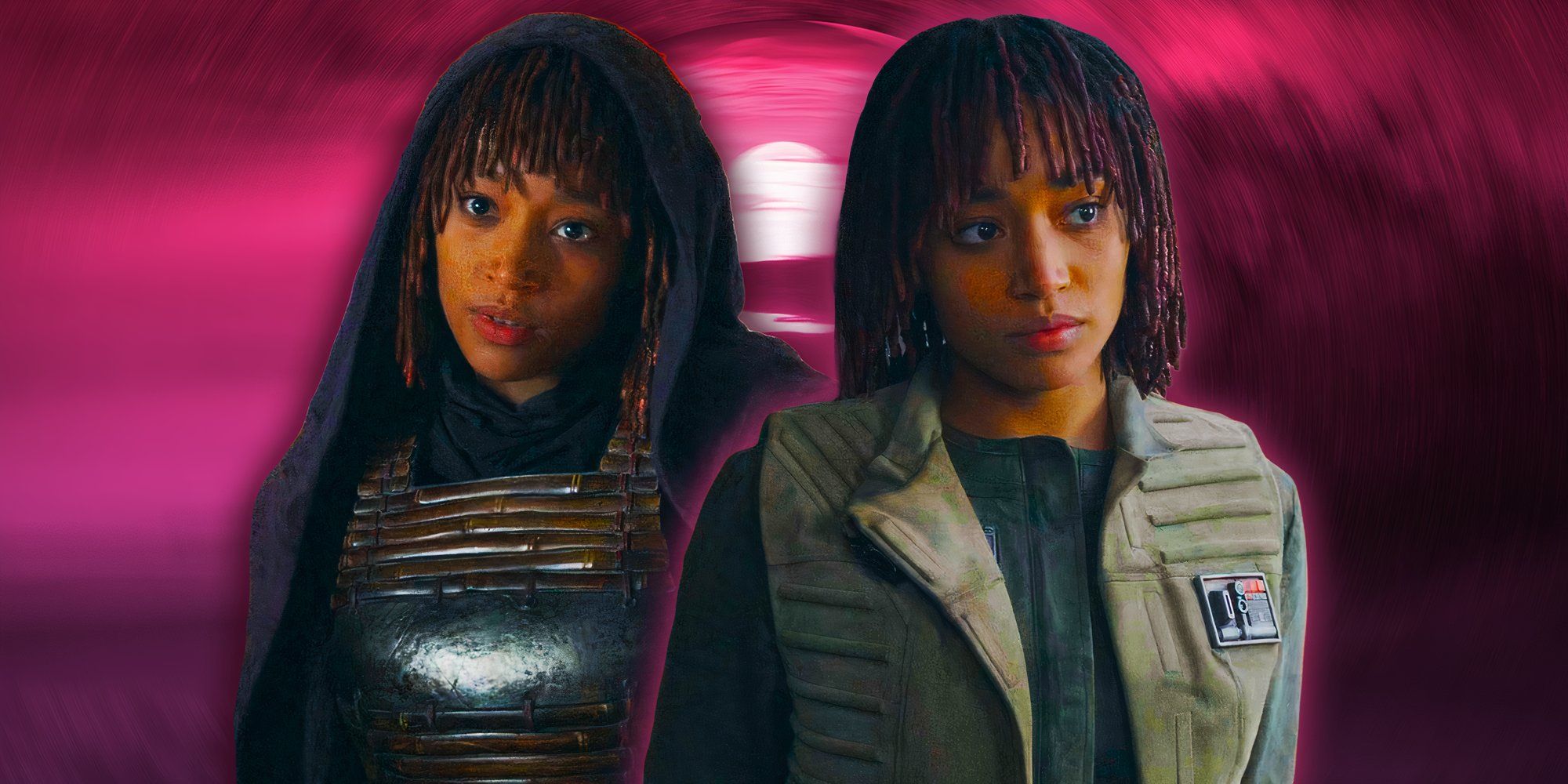 Amandla Stenberg as Mae and Osha Aniseya in Star Wars: The Acolyte, edited over a starry background