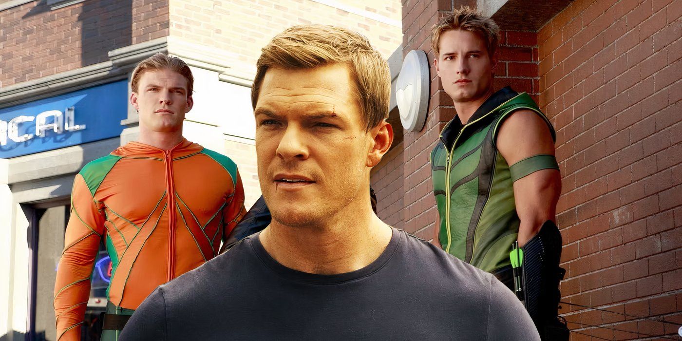 Alan Ritchson as Aquaman and Justin Hartley as Green Arrow with Jack Reacher in between