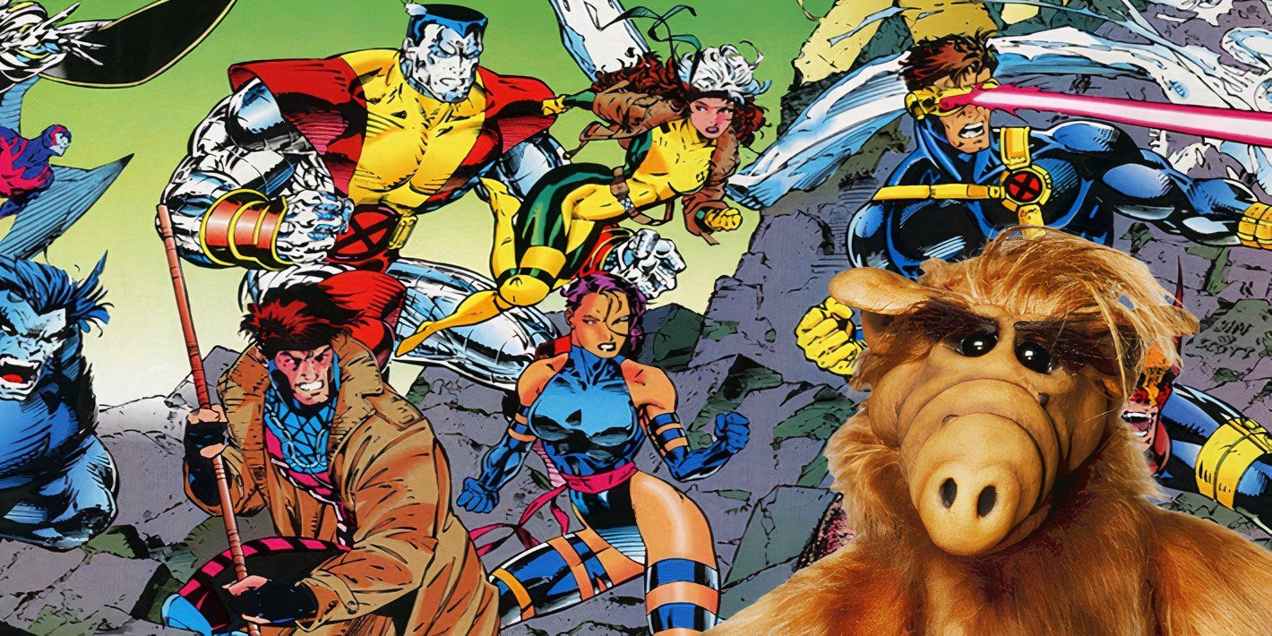 The X-Men including Colossus, Rogue, Psylocke, Gambie, & Cyclops, with an image of TV's ALF in the foreground.