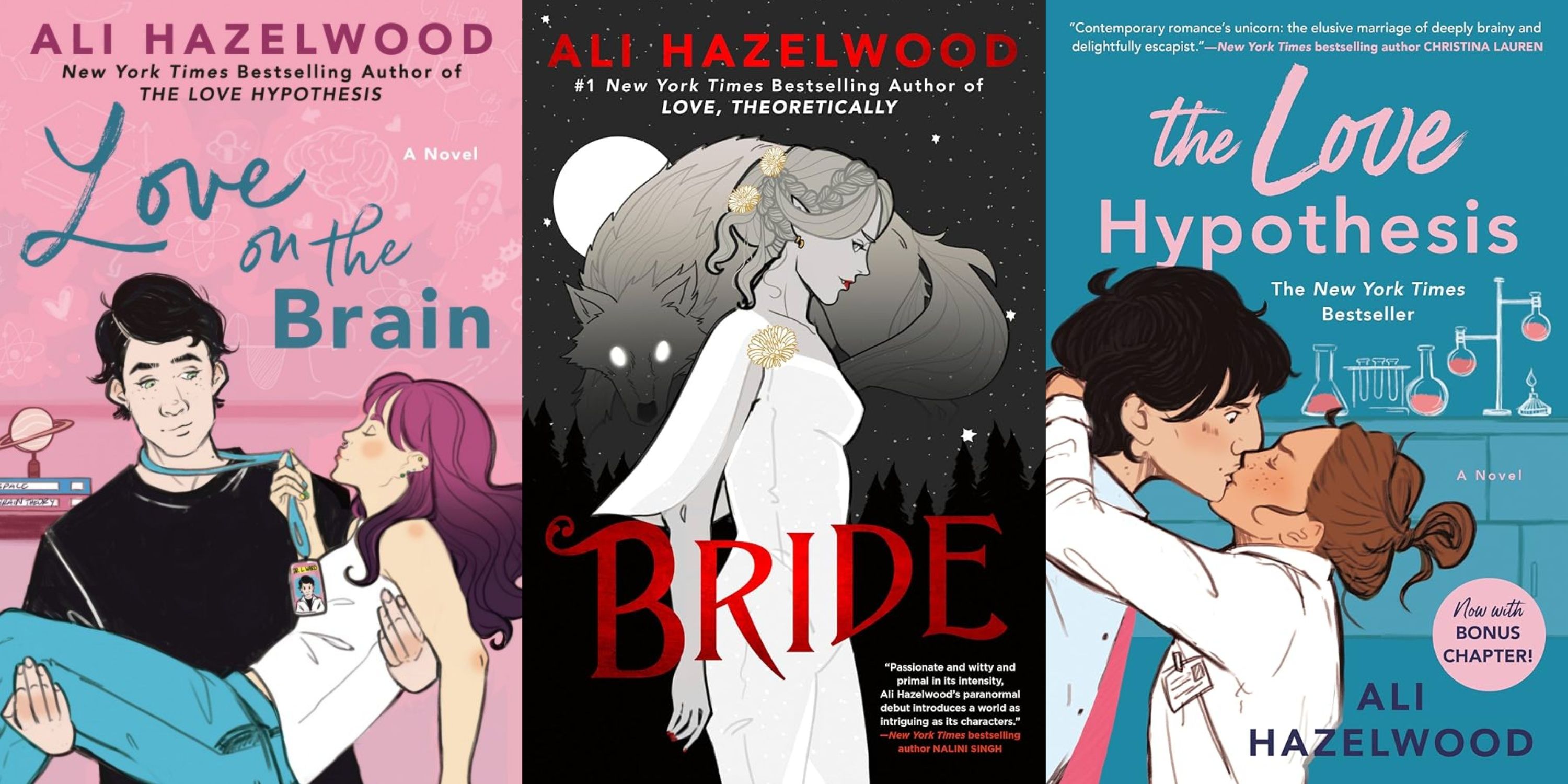 As capas de Love on the Brain, Bride e The Love Hypothesis de Ali Hazelwood