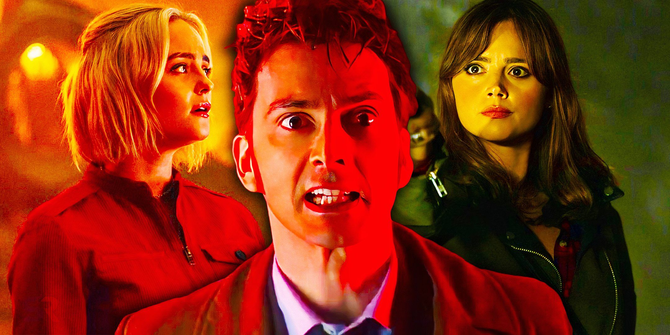 A collage of the Tenth Doctor, Ruby Sunday, and Clara Oswald