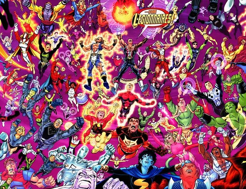 The Legion of Super Heroes assemble in a collage of superpowered characters.