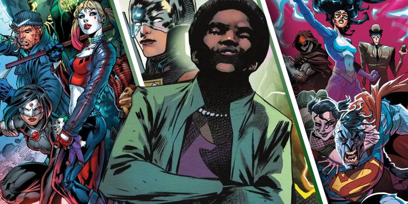 Amanda Waller (foreground) with various incarnations of the Suicide Squad in the background.