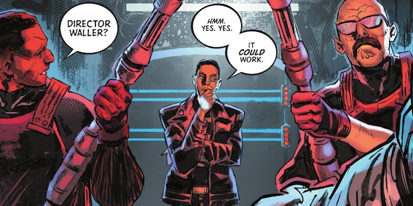 Comic book panel: Amanda Waller thinks to herself while surrounded by guards.