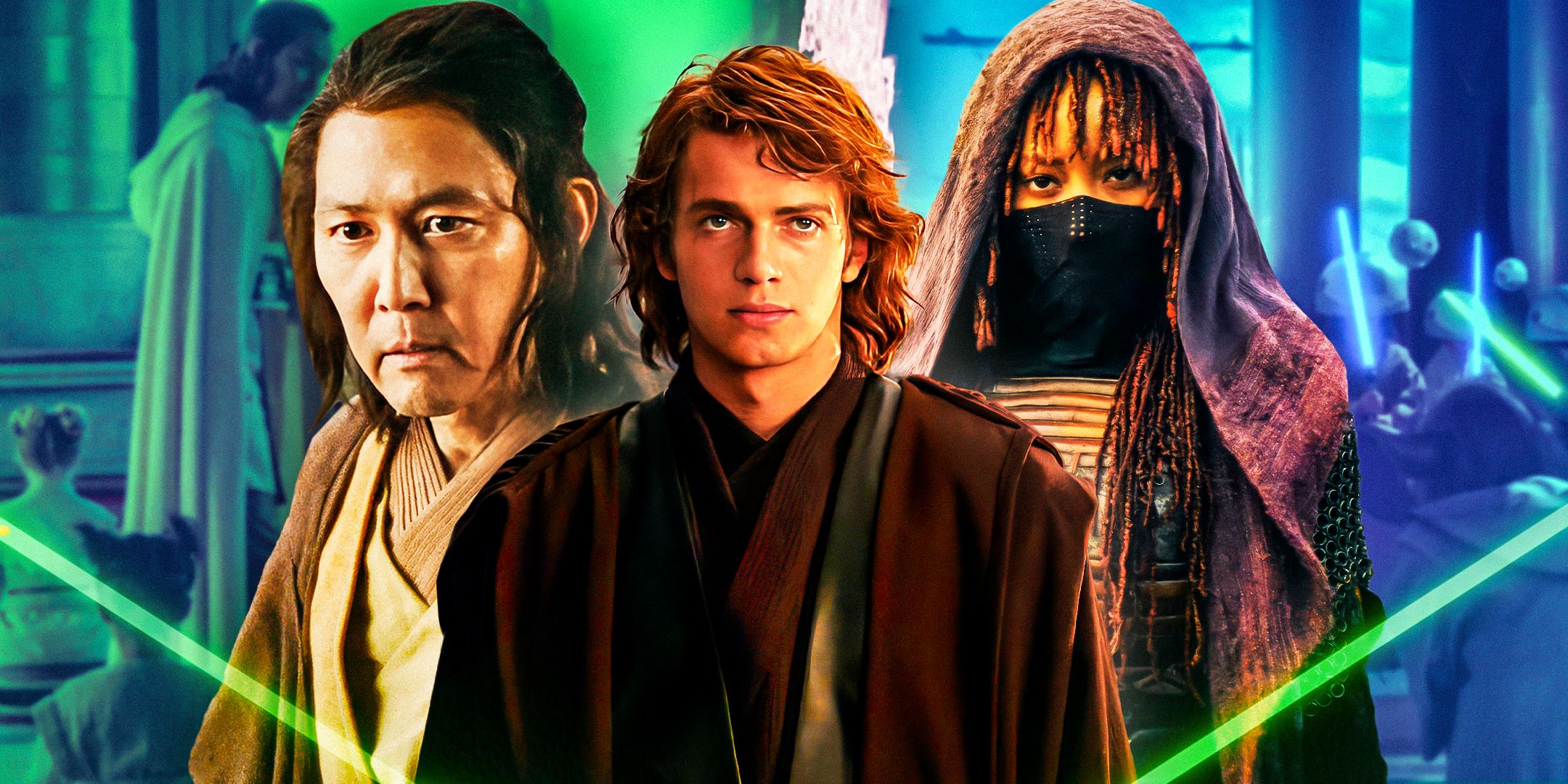 Amandla-Stenberg-as-Mae-Osha-and-Lee-Jung-jae-as-Master-Sol-from-The-Acolyte-and-Hayden-Christensen-as-Anakin-Skywalker-from-Star-Wars-Episode-III---Revenge-of-the-Sith
