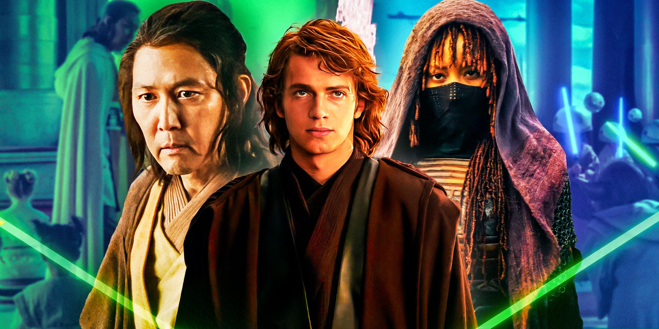 Anakin Skywalker from Revenge of the Sith in the center with Master Sol to the left and Mae to the right in a combined image with Jedi younglings in the background