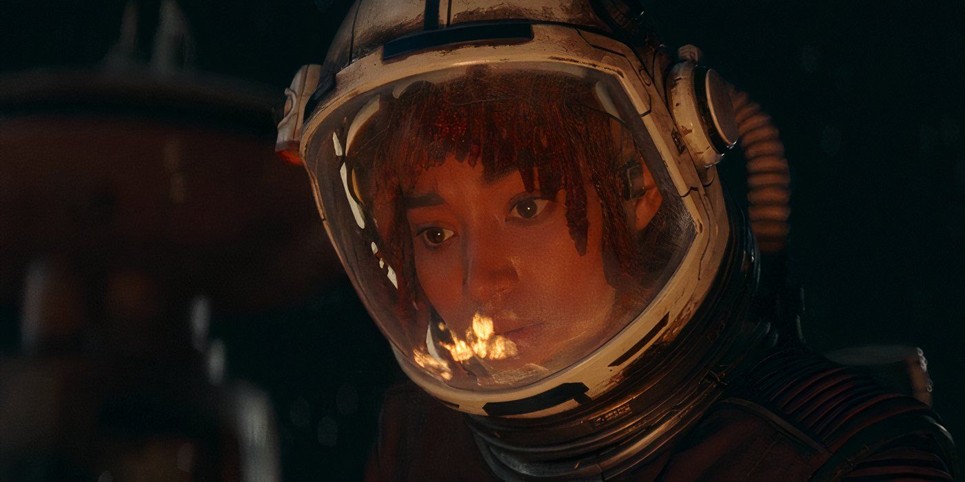 Amandla Stenberg as Mae repairing a ship in The Acolyte