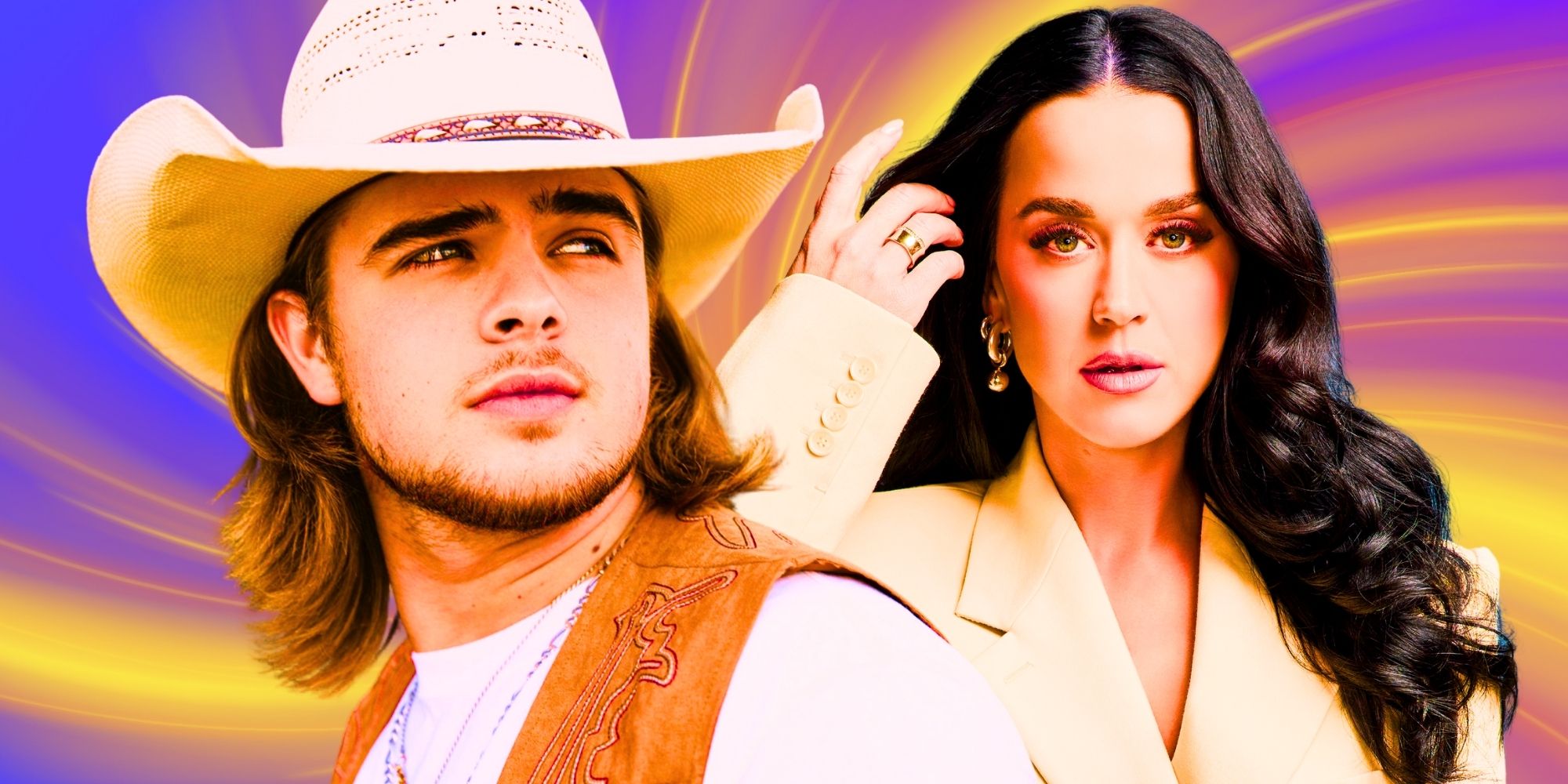 American Idol’s Colin Stough looks off into the distance and Katy Perry touches her hair while looking forward.