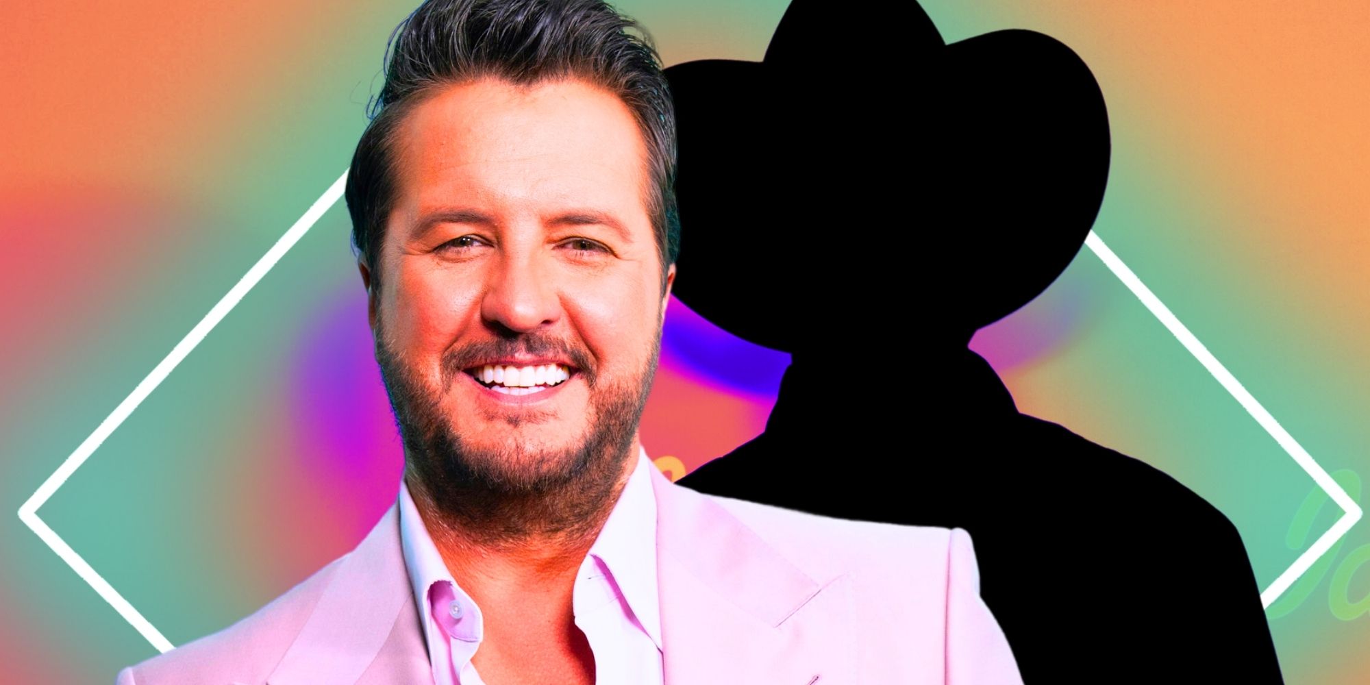 American Idol’s Luke Bryan smiles next to a silhouette of a man wearing a cowboy hat.
