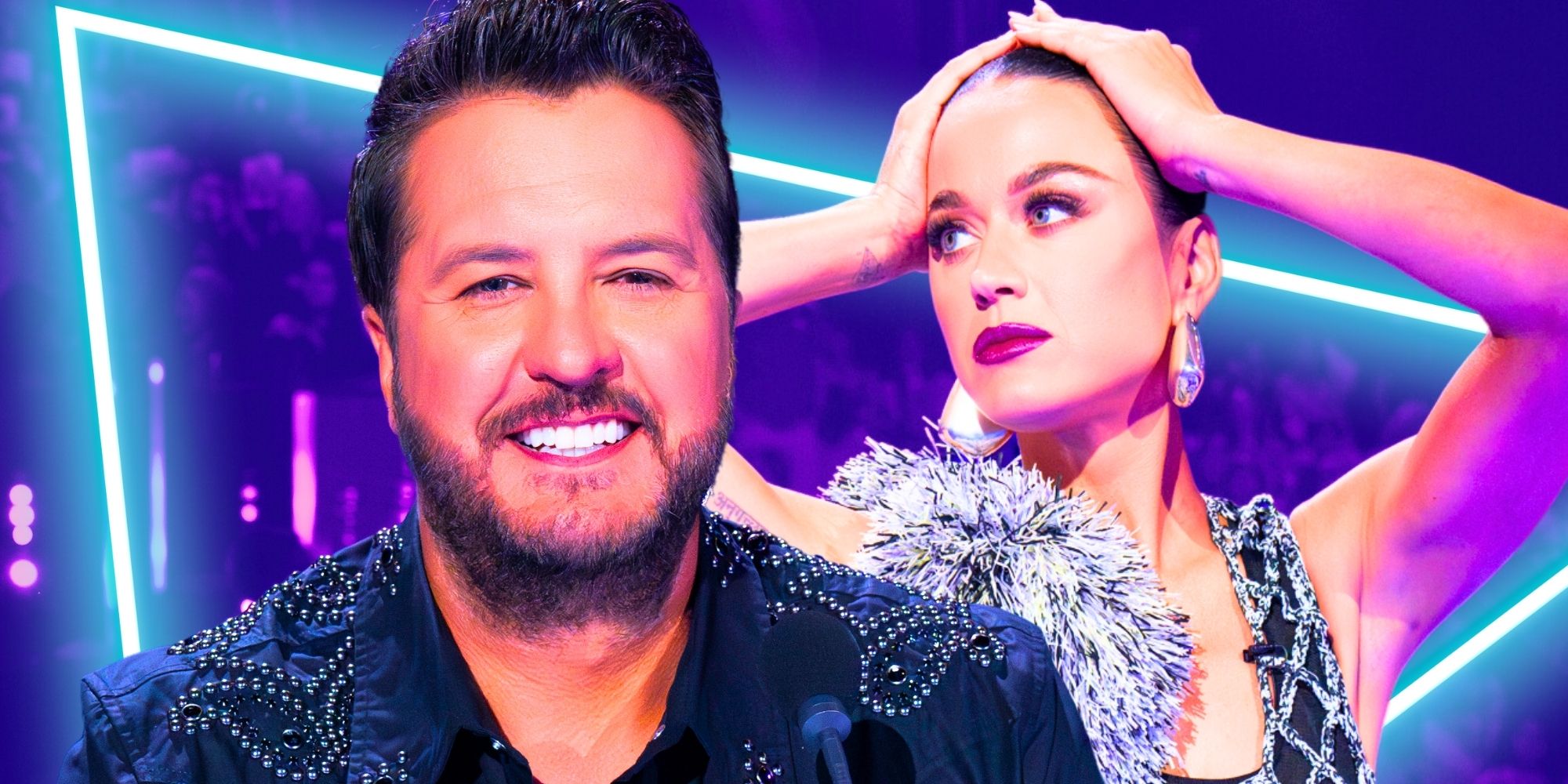 American Idol’s Luke Bryan smiles and Katy Perry holds her hands on her head while looking off into the distance.