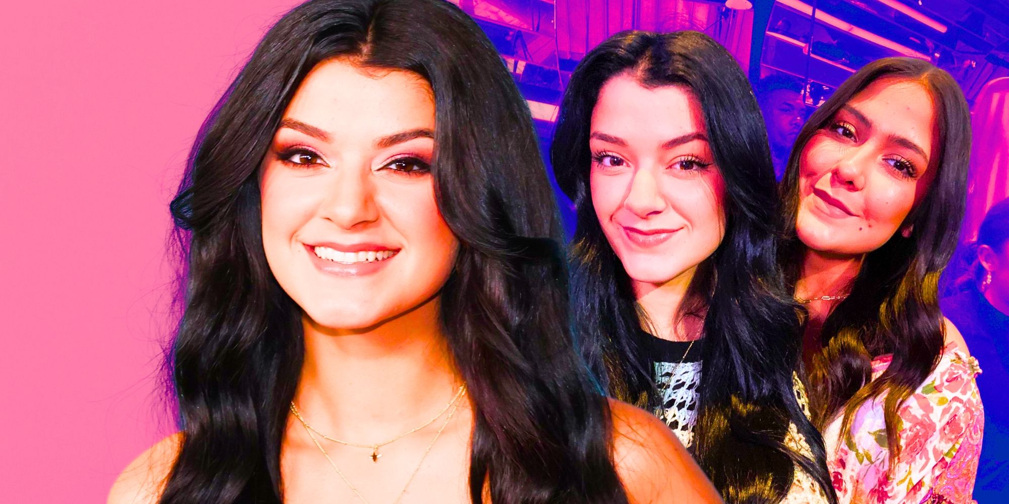 American Idol&rsquo;s Mia Matthews smiles in front of an image of Mia and Jacy Matthews.