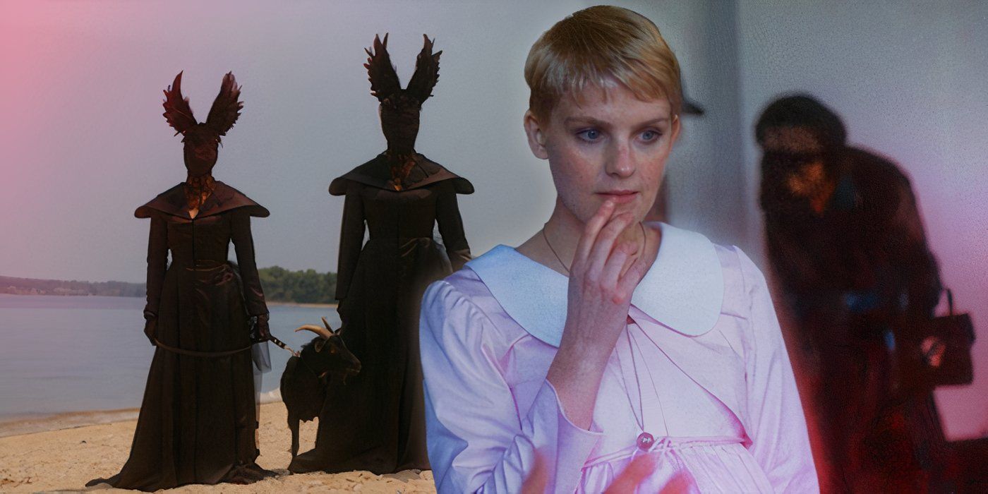 An actor playing Mia Farrow stands in front of two cultists on the beach in American Horror Story Delicate