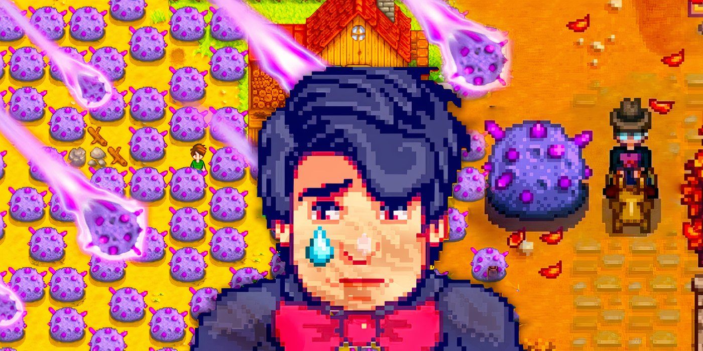 An iridium meteorite from Stardew Valley and a dirty, sad character with a giant tear coming down their eye.