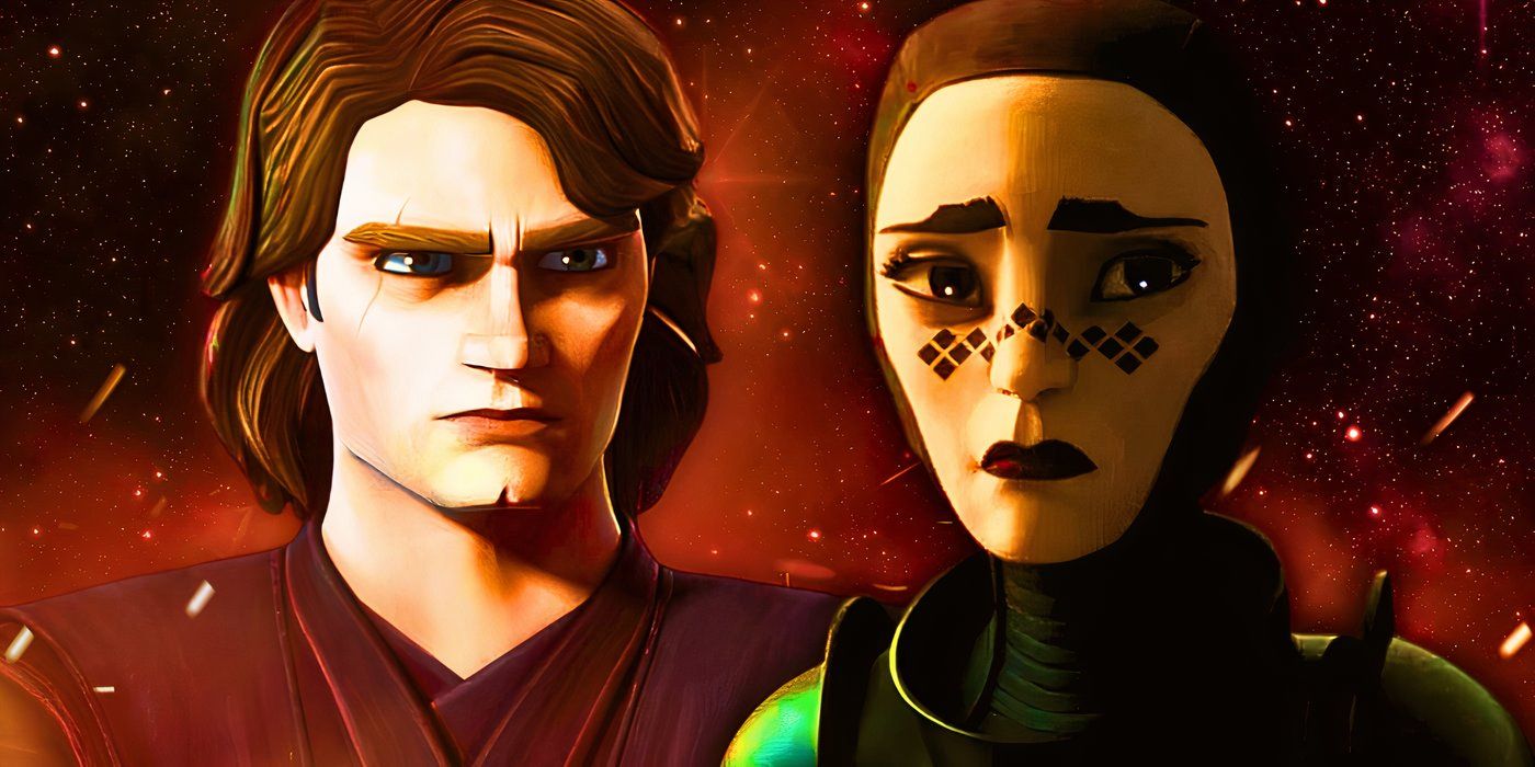 Anakin Skywalker and Barriss Offee as depicted in Star Wars: The Clone Wars and Tales of the Empire, edited together with embers
