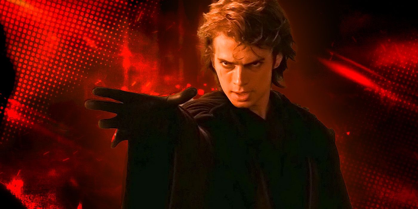 Anakin Skywalker using Force choke in Revenge of the Sith in front of a vibrant red background