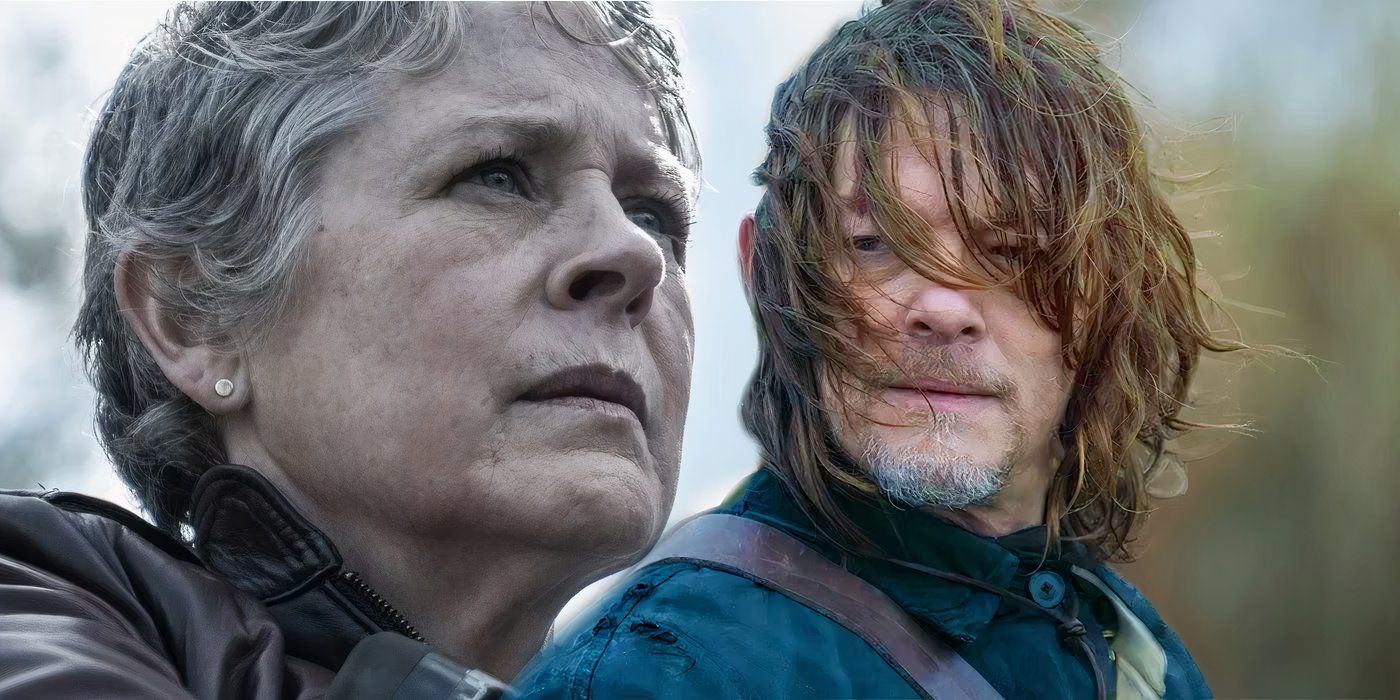 Melissa McBride as Carol looking up next to Norman Reedus as Daryl with messy hair in The Walking Dead Daryl Dixon