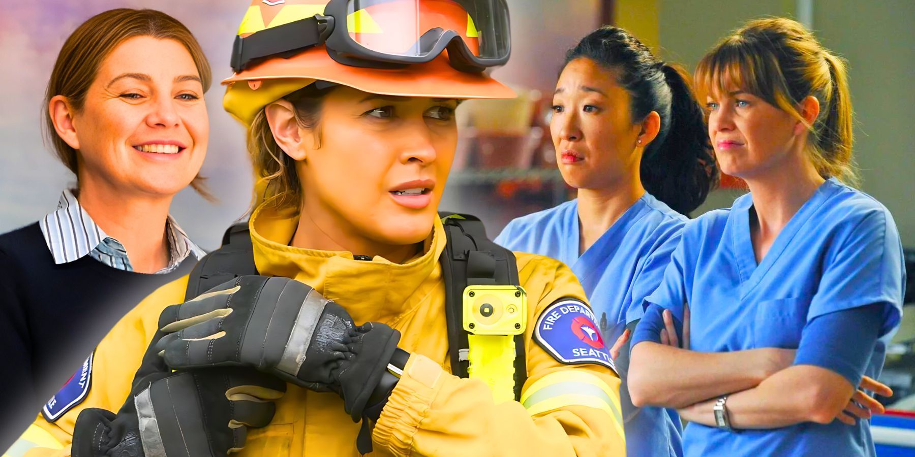 Andy Herrera looks serious in the Station 19 finale with a background featuring Ellen Pompeo as Meredith Grey smiling in Grey's Anatomy season 20 and upset Meredith and Cristina Yang (Sandra Oh) f